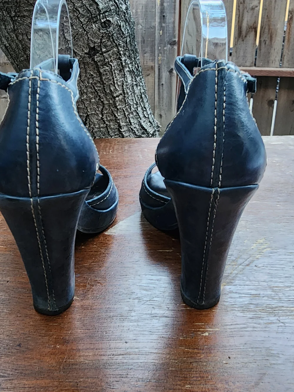 Aerosoles Navy Blue Leather T-Strap Peep Toe Block Heels Size 8